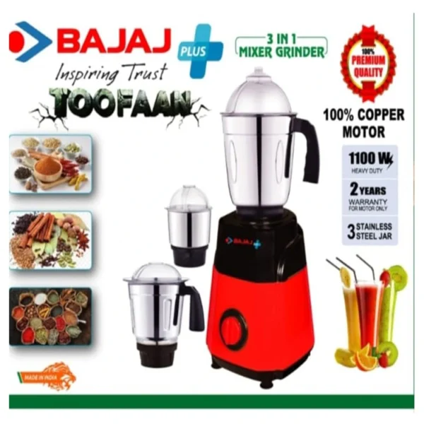 Bajaj Toofan 3 In 1 Mixer Grinder - 1100W - Red and Black